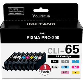 CLI-65 Ink Cartridges 8 PK (1BK, 1C, 1M, 1Y, 1PM, 1PC, 1GY, 1LGY) Compatible CLI65 CLI 65 Ink Cartridge Replacement for Canon CLI-65 Ink Cartridge to use with PIXMA PRO-200 Printer