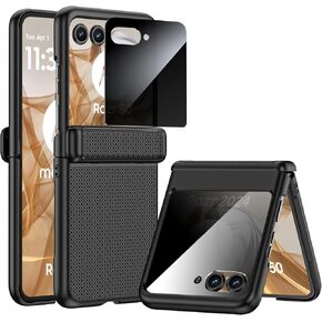 for Motorola Razr 2024 Case with Hinge Protection, Built-in Privacy Screen Protector Ultra Thin Stylish Texture Non-Slip Rugged Shockproof for Razr 2024 case (Black)