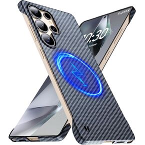 Magnetic Ultra-Thin Frosted Soft Touch Skin Borderless Carbon Fiber Bump Texture for Samsung Galaxy S25 Ultra Case 6.9" Slim Minimalist Lightweight Frameless Matte Hard Cover Case-Black