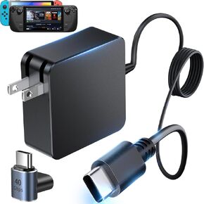 45 Watt Charger for Steam Deck, for Nintendo Switch Lite/OLED/Charging Station/Dock Sat, Switch/XBX/PS5 Controller Stream Deck AC Adapter USB C Fast Charger with 90 Degree Right Angle USB C Adapter