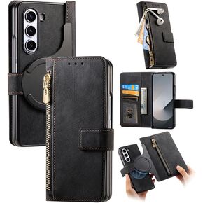 2 in 1 Detachable for Samsung Galaxy Z Fold 6 Case with Card Holder & S Pen Zipper Pocket & Hinge Protection, [Compatible with MagSafe] Heavy Duty Leather Wallet Phone Case - Black