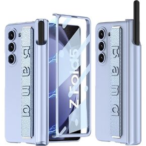 DEMCERT for Samsung Galaxy Z Fold 5 Case with [Fold5 Edition S-Pen Holder] [Wrist Band], Luxury PC Magnetic Shockproof Cover with Screen Protector for Galaxy Z Fold 5 5G (Light Blue)