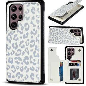 iCoverCase Phone Case for Samsung Galaxy S22 Ultra Case with Card Holder, S22 Ultra Case Wallet for Women Girls, Card Slots Case with Kickstand [RFID Blocking] PU Leather Case (Gray Leopard)