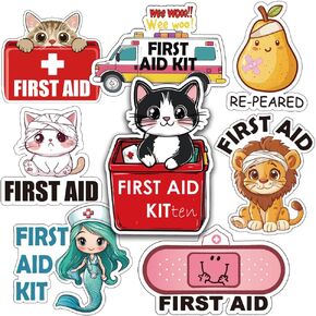 Kids' Cartoon First Aid Sticker Set | Cute and Funny 4-Inch Decals | Emergency Box Package 1st Aid | 14 Designs