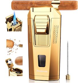 All-in-one Torch Cigar Lighter with Cigar Punch, Cigar Holder, Draw Enhancer Tool, Dual Windproof Jet Flames, Cool Cigar Accessories, Refillable Butane Torch Lighter with Gift Box for Men, Smoking