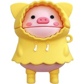 AirPods Pro Case, Yellow Raincoat Pink Piggy, Silicone Protective Skin with Hook, Fun Kawaii Standing Pig Design for Everyday Use