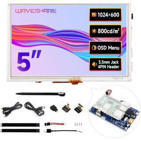 Waveshare 5inch High-Brightness Touch Screen, Compatible with Raspberry Pi 5/4B/3B/Zero/Zero W/Zero 2W/Pico/Pico W/Pico WH, Supports Windows 11/10/8.1/8/7 & Jetson Nano, Narrow-Bezel Resistive Touch