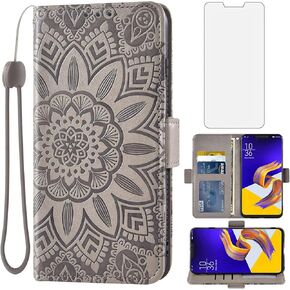 Asuwish Phone Case for Asus ZenFone 5 ZE620KL with Tempered Glass Screen Protector and Flower Leather Wallet Flip Cover Credit Card Holder Stand Cell Accessories Zen Fone 5Z ZS620KL Women Men Grey