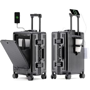 HotWay 20 Inch Carry On Luggage with Cup Phone Holder and Laptop Compartment, PC Hard Shell Suitcase with Spinner Wheels and USB Port, Silver Luggage for Business Travel (22x14x9 Airline Approved)