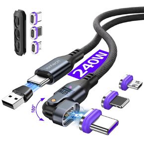 240W 16Pin USB C Magnetic Charging Cable, 6 in 1 Magnetic Fast Multi Charger, 180° Rotation Data Cable for MacBook Pro iPad, iPhone Samsung Android Phone Tablet Gaming Console (6ft)