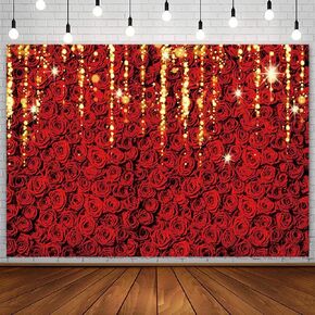 7x5ft Valentine's Day Backdrop Red Rose Flowers Gold Glitter Photography Background Shiny Sparkling Bokeh Backdrop for Engagement Bridal Shower Wedding Party Decoration Banner Photo Studio