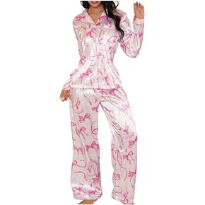 WDIRARA Women's 2 Piece Satin Sleepwear Flamingo Animal Print Button Down Shirt and Pants Pajama Set