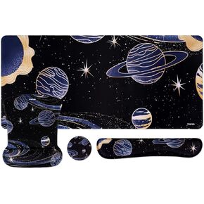 MOSISO Desk Pad Mat Keyboard Mouse Pad Set,Large Gaming Mouse Pad&Keyboard Wrist Rest&Mouse Pad with Wrist Rest&Coaster,Art Planet Ergonomic Non-Slip Mousepad with Memory Foam for Home Office, Black