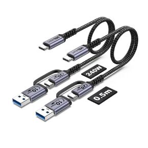 Android Auto USB C Cable 2-in-1 [1.5ft, 2Pack] 240W Max USB 3.1 Gen 2 Fast Charging CarPlay Cable, Compatible with iPhone 16 15 Pro Max, Galaxy S23 S22 Ultra Note 20, SSD