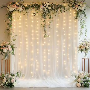 10x10ft White Tulle Backdrop Curtain with String Lights, Wrinkle-Free Sheer Wedding Backdrop for Birthday Parties, Baby Showers, Bridal Showers, Photo Shoots and Home Decorations, White