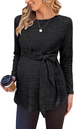 Ekouaer Women's Maternity Shits Long Sleeve Pregnancy Tops Blouses Tunic Belted Basic Crewneck Sweater Wine Red XXL in Saudi Arabia