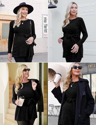 Ekouaer Women's Maternity Shits Long Sleeve Pregnancy Tops Blouses Tunic Belted Basic Crewneck Sweater Wine Red XXL in Saudi Arabia