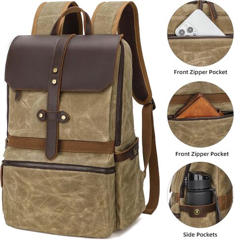 Leather Backpack for Men, Waxed Canvas Casual Rucksack Carry-On Travel Backpack in Saudi Arabia