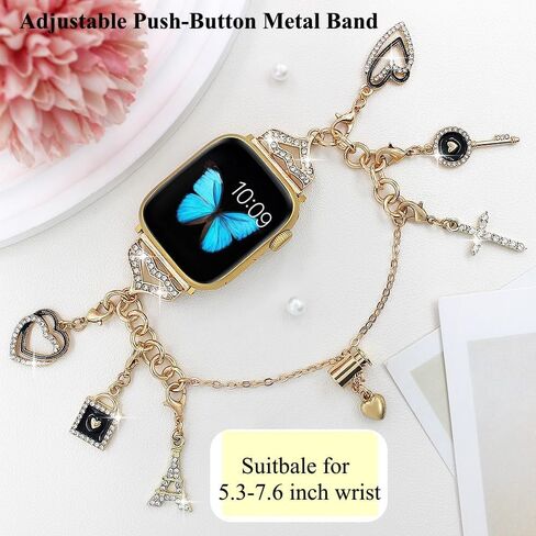 أشرطة معدنية متوافقة مع Apple Watch 38 40 41 42 44 45 46 49 مم نساء ، معصم مع معلقات قابلة للتبديل سوار بلينغ سحر لسلسلة IWatch 10 9 8 7 6 5 4-1 Ultra 2 SE in Kuwait