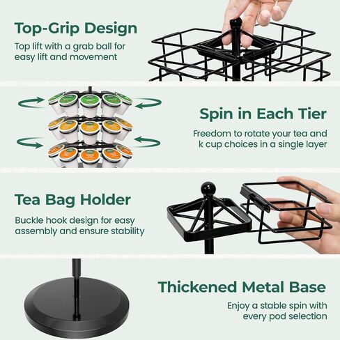 EsLuker.ly K Cup Holder Coffee Pod Organizer Carousel for Countertop, Rotatable Metal 4-Tier Storage Rack Stand for 30 K Cups & Tea Bags, Convenience Meets Elegance in Kuwait