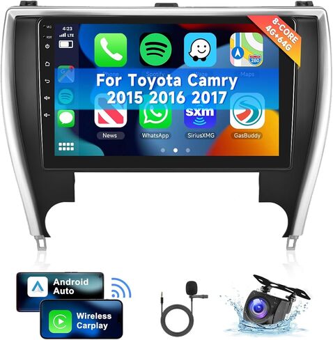 [8 Core 4G + 64G] Radio Car to Toyota Camry 2015 2016 2017 مع Carplay/Android Auto ، 10.1 بوصة Android 13 IPS شاشة تعمل بالسيارة ، Bluetooth ، GPS ، WiFi ، SWC ، DSP + كاميرا احتياطية in Kuwait