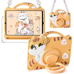 for iPad 5th 6th Generation Pro 9.7 Case for iPad Air 1/2 Screen Protector Pencil Holder Shoulder Strap Kickstand Cute Silicone Proof Full Body Protective Tablet Cover for Kids Yellow Cat
