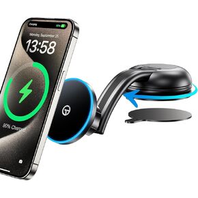 for MagSafe Car Mount Charger -Dash Wireless Car Charger with [LED Light] for Night Align, Strong Magnetic Phone Holder for iPhone 16 15 14 13 12 Series, Fit MagSafe Accessories (Dash Low Arm)