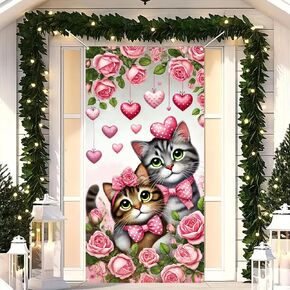 Valentine's Day Door Cover 71x35 Inch Cat Valentine's Day Door Cover Decorations Backdrop Valentines Front Door Hanging Banner Photography Background for Valentine's Day Wedding Anniversary