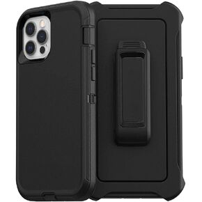 iPhone 12 & iPhone 12 Pro Defender Case - Black, Rugged & Durable, with Port Protection, Includes Holster Clip Kickstand