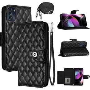 Wallet Case for Motorola Moto G 5G 2022 with Wrist Strap Crossbody Shoulder Strap, Argyle Pattern PU Leather Flip Purse Cell Phone Cover for MotoG G5G 2022 XT2213-3 XT2213-2 Girls Women Black