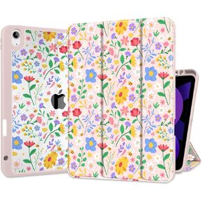 MEEgoodo Case for iPad Air 11 inch Cover 2024 (M2)/ iPad Air 5th 4th Generation Case 10.9 inch (2022 2020), Tablet Cases with Clear Transparent Back Cover for Kids, Flat Spring Floral