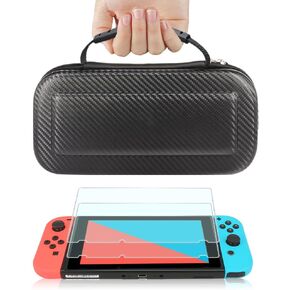 TJS Case for Nintendo Switch with [2 Pack Tempered Glass Screen Protector] Carbon Fiber Texture Hard Travel Carrying Case Shell Carry Pouch - Black