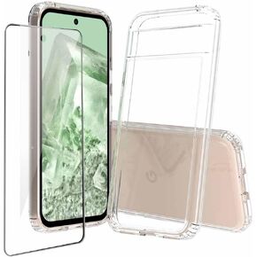 for Google Pixel 8A Case Crystal Clear Slim Hard Case Hybrid Shockproof Bumper with Tempered Glass Screen Protector Full Body Anti-Yellow Anti-Scratch Phone Protective Cover