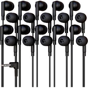 10 Pack Bulk Headphones, Wired Earbuds for Kids, Teens, Adults, Affordable In-Ear with 3.5mm Plug, Perfect for Schools, Classrooms, Libraries, Museums, Multipack for Wholesale, Black Color