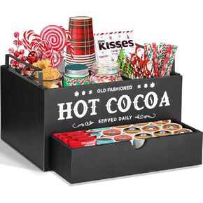 Hot Chocolate Bar Organizer with Drawer, Farmhouse Hot Cocoa Bar Supplies Organizer for Hot Chocolate Maker, Countertop Wood Coffee Station Organizer Cocoa Decorative Storage Bins, Cocoa Lovers Gift