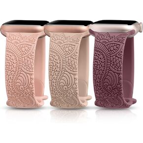3 Packs Boho Engraved Bands Compatible with Apple Watch Bands 41mm 40mm 38mm 45mm 44mm 42mm 49mm Women Men, Silicone Sport Fancy Dressy Strap for iWatch Series 9/Ultra/SE/8/7/6/5/4/3/2/1