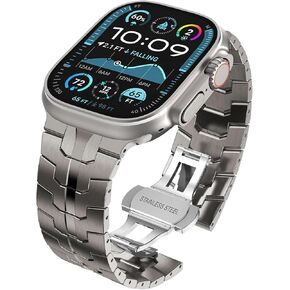 WINGLE Metal Band for Apple Watch Band Ultra 2/Ultra Band 49mm Men, Series 10 46mm, 9/8/7 45mm, SE/6/5/4 44mm, 3/2/1 42mm, Stainless Steel Bands with Folding Clasp iWatch Strap Link Bracelet, Titanium