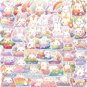Funny Bunny Stickers 50Pcs Cute Rabbit Rainbow Stickers for Water Bottle Vinyl Decals Waterproof Laptop Luggage Computer Scrapbooking Decorative Decals for Teens