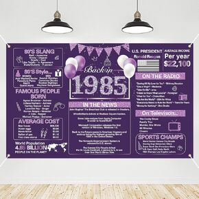 Crenics Purple 40th Birthday Decorations for 1985, Back in 1985 Birthday Banner Backdrop 5.9 x 3.6 Ft, 40 Years Old Birthday Party Supplies for Women