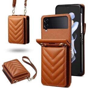 Compatible with Samsung Galaxy Z Flip 4 5G 2022 Wallet Case and Crossbody Wrist Strap Lanyard Credit Card Holder Stand Luxury Leather Slim ZFlip4 Z4 Flip4 4Z Phone Cover for Women Men Brown