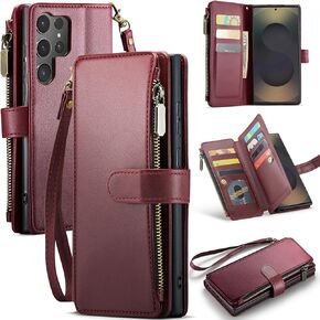for Samsung Galaxy S25 Ultra 5G Wallet Case with Card Holder,Women Men RFID Blocking PU Leather Flip Cover Zipper Wrist Strap Kickstand Phone Case for Galaxy S 25 Ultra,Red