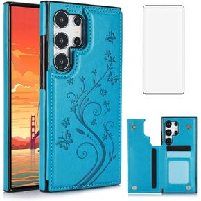 Phone Case for Samsung Galaxy S24 Ultra 5G with Tempered Glass Screen Protector Card Holder Wallet Cover Stand Flip Leather Cell Accessories S24Ultra 24S S 24 24Ultra 2024, 6.8 inch Women Men Blue