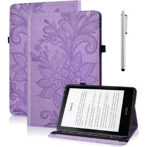 Case for 7" Kindle Paperwhite 12th Generation 2024 & Kindle Paperwhite Signature Edition, Embossed Lace Premium PU Leather Case with Card Slot for Kindle Paperwhite 2024, Purple