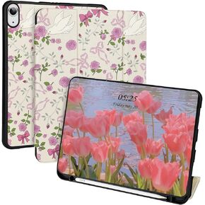 Compatible for iPad Air 11-inch M2 (2024), iPad Air 5th / 4th Generation (2022/2020) 10.9 Inch Cute Flowe Case, with Pencil Holder, Floral Pattern Soft TPU Trifold Stand Protective Case