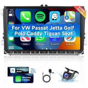 [8 CORE 4G+64G] Android 13 Car Radio for VW Passat Jetta Golf Polo Caddy Tiguan Seat with Wireless Carplay/Android Auto, 9 Inch IPS Touch Screen Car Stereo, Bluetooth, GPS, WiFi, SWC + Backup Camera