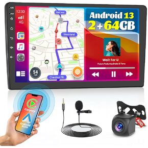 2+64GB Android 13 Double Din Car Stereo with Wireless Carplay Android Auto, 10" Touch Screen Radio Dash Kit GPS Navigation WiFi Bluetooth SWC Mic Backup Camera