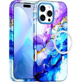 Casetego for iPhone 16 Pro Max Case,Compatible with MagSafe,[Military Grade Drop Test] Full Body Protection Slim Shockproof Rugged Marble Women Girls Case for iPhone 16 Pro Max 6.9 inch,Azure Blue