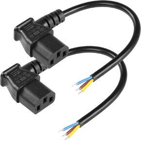 CERRXIAN 2PCS 1FT 90 Degree Left IEC 320 C13 Female 3 Pin with Open Wiring Stripped, Heavy Duty Replacement C13 to Bare Wire Power Supply Cable,Pigtail Open Cable