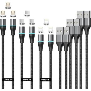NetDot 3in1 Fast Charging Magnetic Charging Cable,Gen12 6 Pack (1/1/3.3/3.3/6.6/6.6ft) Max 18W Magnetic Phone Charger and Data Transfer Magnetic Charger for Micro USB, USB-C/Type c and i-Product