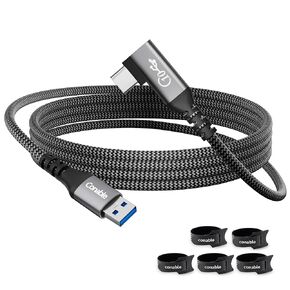 USB 3.1 A إلى USB C Cable 8 أقدام ، نقل بيانات 10 جيجابت في الثانية وكابل شحن سريع 60 وات 3A ، تصميم زاوية يمين 90 درجة ، كابل مضفار من النايلون مع 5 روابط كابل